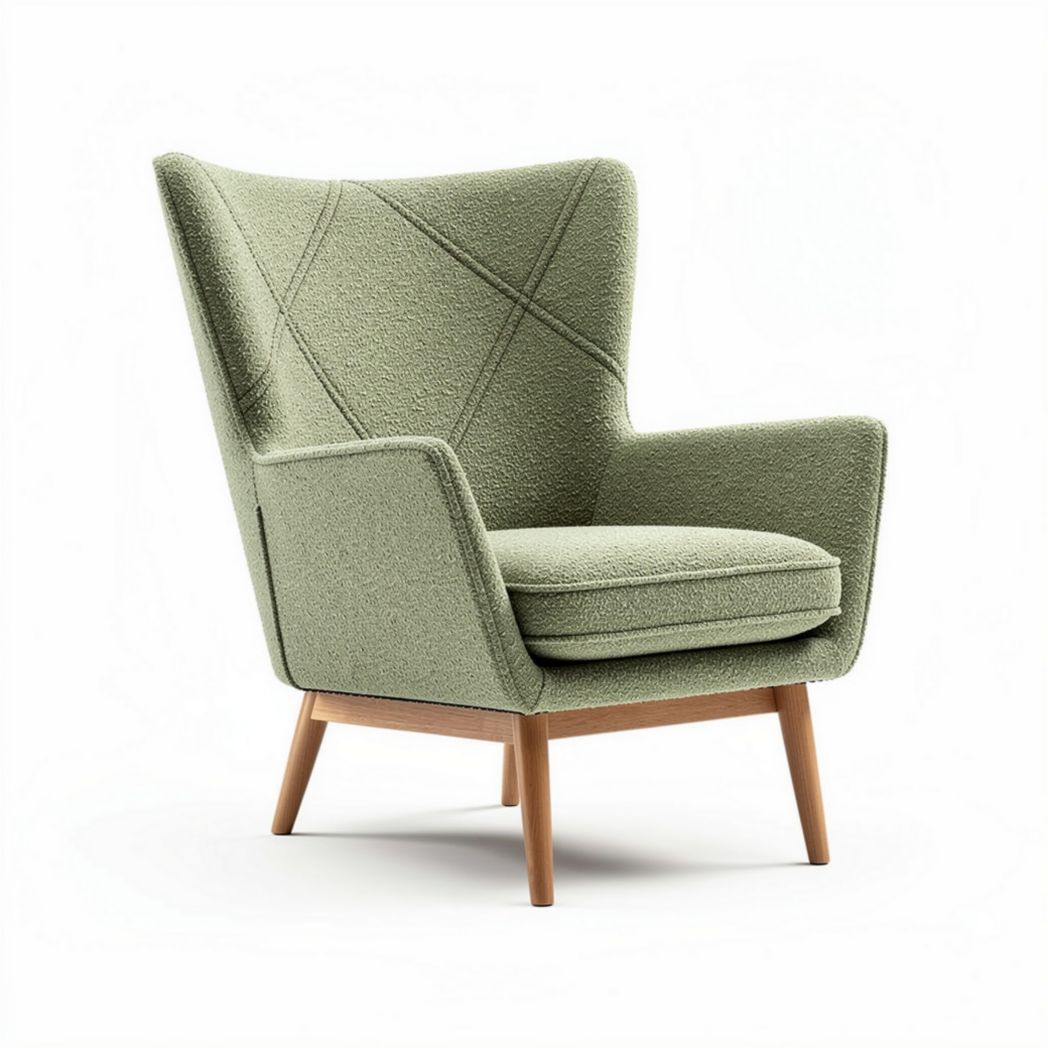 Green upholstered armchair with wooden legs and ergonomic design 70 x 70 x 100cm