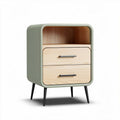 Modern nightstand with wooden drawers and metal legs in green and natural wood finish 45 x 40 x 50cm