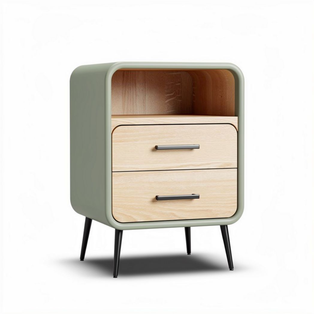 Modern nightstand with wooden drawers and metal legs in green and natural wood finish 45 x 40 x 50cm