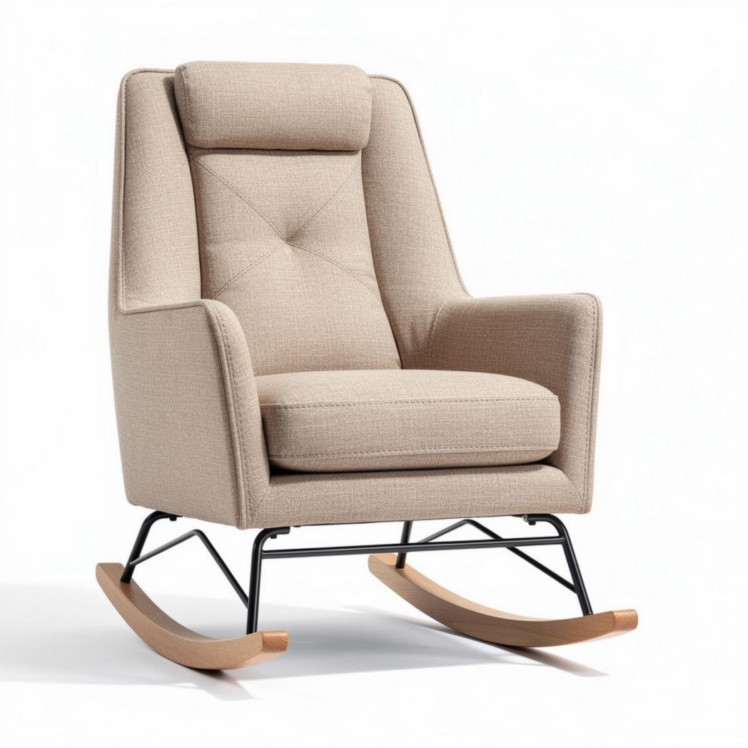 Rocking chair with upholstered fabric seat and backrest beige color dimensions 80 x 70 x 100cm