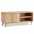 Wooden media console with sliding door and open shelves 120 x 40 x 50cm