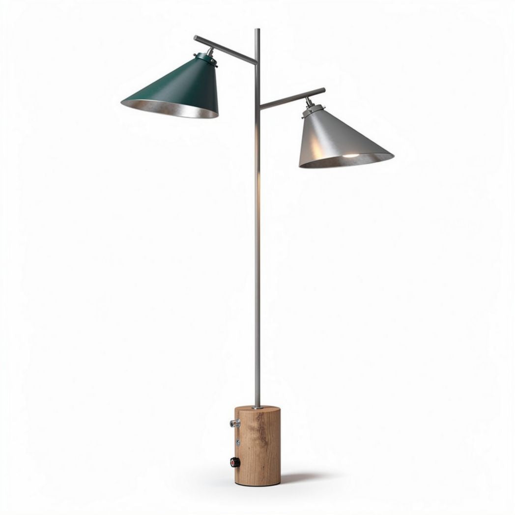 Two-headed floor lamp with metal shades and wooden base 160 x 50 x 180cm