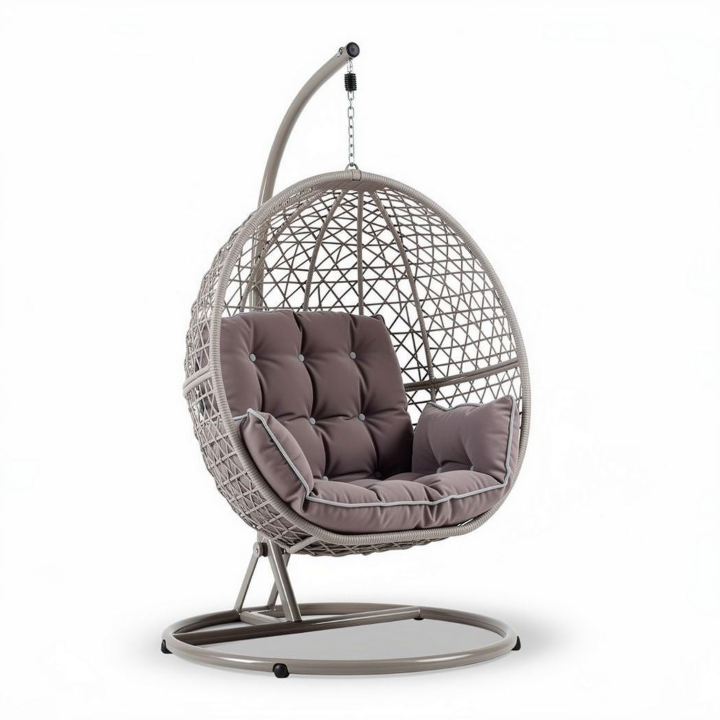 Hanging egg chair with cushioned seat for indoor and outdoor use beige color