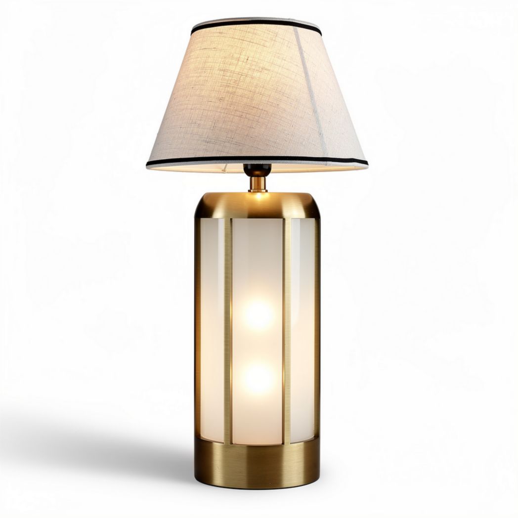 Glass and metal table lamp with linen shade for home office use 30 x 15 x 15cm