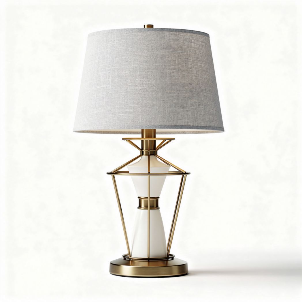 White ceramic and gold metal table lamp with gray fabric shade 40 x 40 x 60cm