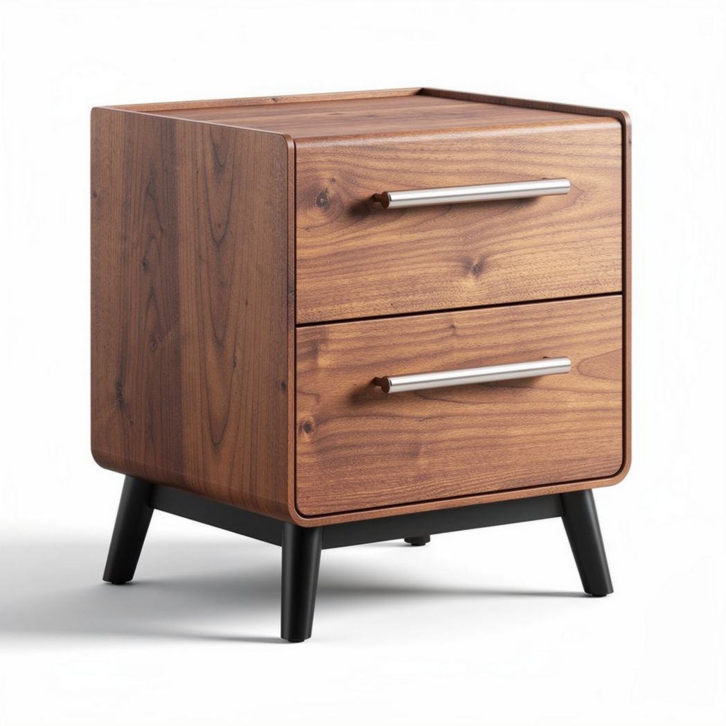 Wooden nightstand with two drawers and metal legs in walnut finish 45 x 40 x 50cm