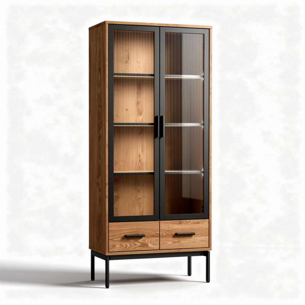 Wooden display cabinet with glass doors and metal frame 50 x 30 x 150cm