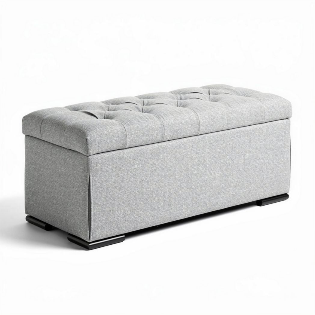 Storage ottoman in gray fabric with tufted design 77 x 38 x 38cm